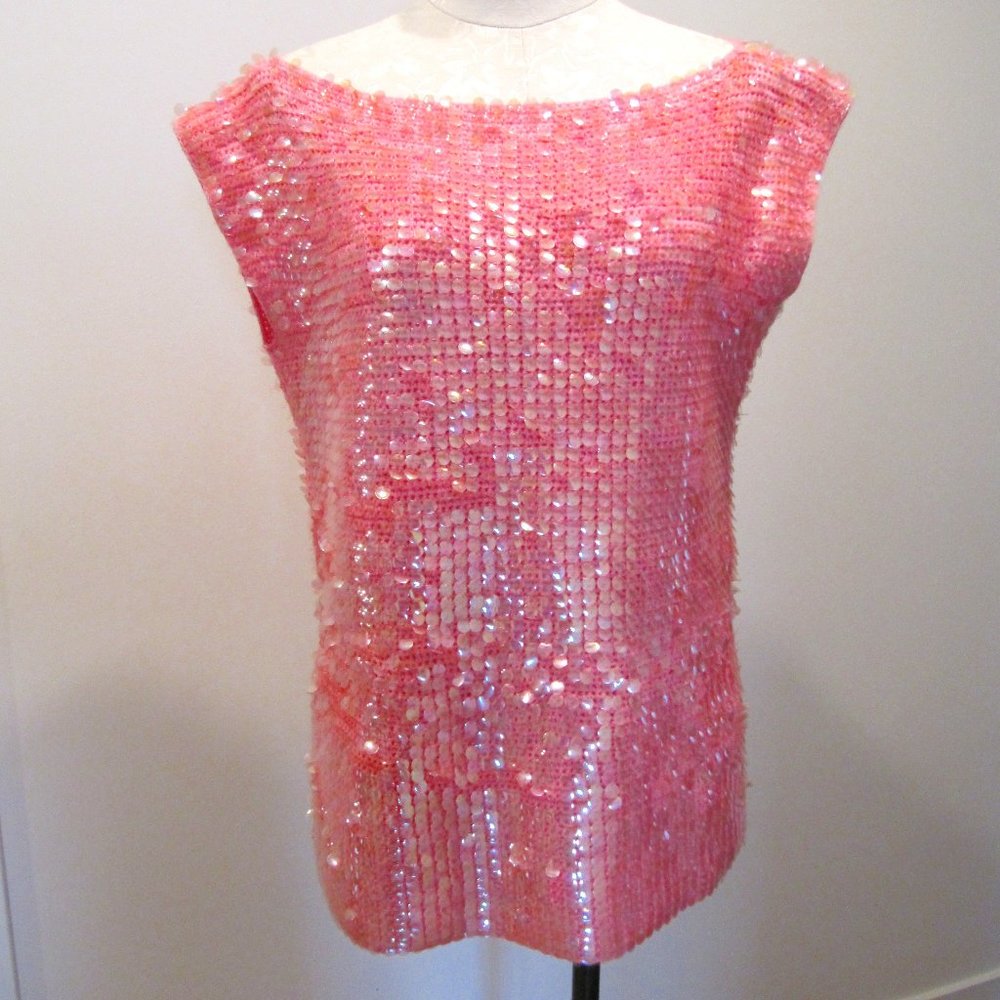 Vintage Pink Shimmery Sequin 100% Wool Sweater, Hong Kong, Excl. Condition, M